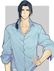 Rule 34 | 1boy, asymmetrical bangs, black hair, blue eyes, blue shirt, border, bracelet, collared shirt, dog tags, earrings, final fantasy, final fantasy viii, grey background, hair over shoulder, hand on own hip, jewelry, laguna loire, low ponytail, male focus, nini tw99, parted bangs, shirt, single earring, sleeves rolled up, solo, square enix, upper body