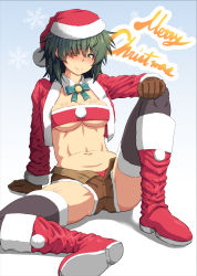 Rule 34 | 1girl, arm support, black thighhighs, blue background, blush, boots, breasts, brown gloves, brown shorts, cleavage, commentary request, cropped jacket, detached collar, eyepatch, full body, fur-trimmed jacket, fur trim, gloves, green eyes, green hair, hair between eyes, hand on own knee, hat, highres, jacket, kantai collection, kiso (kancolle), kiso kai ni (kancolle), knee boots, knee up, long sleeves, looking at viewer, medium breasts, medium hair, merry christmas, midriff, navel, neck ribbon, nokishita kumoemon, nose blush, open clothes, open fly, open jacket, panties, red footwear, red hat, red jacket, red panties, red tube top, ribbon, santa boots, santa costume, santa hat, shadow, short shorts, shorts, sidelocks, sitting, smile, snowflake background, solo, strapless, thighhighs, toned, tube top, underboob, underwear, white background