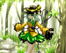 Rule 34 | 1girl, aqua hair, blouse, expressionless, facing away, forest, frilled sleeves, frills, grass, green eyes, hat, hat ribbon, highres, komeiji koishi, long sleeves, looking down, nature, outstretched arms, qys3, ribbon, rock, shade, shirt, short hair, skirt, solo, spread arms, third eye, touhou, walking, water drop