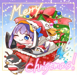 Rule 34 | 1girl, ;q, animal, animal hood, antlers, bird, black jacket, blue eyes, blush, bow, chibi, christmas, christmas ornaments, christmas wreath, closed eyes, closed mouth, commentary request, fate/grand order, fate (series), fur-trimmed headwear, fur trim, hat, highres, hood, hood up, hooded jacket, horns, jacket, jako (jakoo21), long hair, long sleeves, meltryllis, meltryllis (fate), meltryllis (swimsuit lancer) (fate), meltryllis (swimsuit lancer) (first ascension) (fate), merry christmas, one eye closed, penguin, penguin hood, purple hair, red bow, red hat, red nose, reindeer antlers, sack, santa hat, sleeves past fingers, sleeves past wrists, sleigh, smile, snowflake print, solo, star (symbol), tongue, tongue out, v-shaped eyebrows, very long hair, wreath