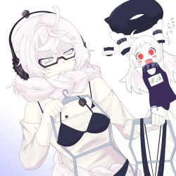 Rule 34 | 10s, 2girls, :d, absurdly long hair, abyssal ship, ahoge, armpits, arms up, bikini, black bikini, blush, blush stickers, braid, clothes hanger, colored skin, commentary request, female focus, gobanme no mayoi neko, gradient background, headphones, highres, holding, holding clothes, holding swimsuit, horns, innertube, kantai collection, lifebuoy, long hair, mittens, multiple girls, name tag, northern ocean princess, open mouth, red eyes, school swimsuit, single braid, smile, supply depot princess, swim ring, swimsuit, text focus, translation request, unworn bikini, unworn swimsuit, very long hair, white background, white eyes, white hair, white skin