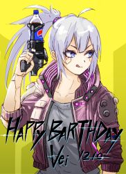 Rule 34 | 1girl, blue eyes, character name, commentary, crossover, cyberpunk, cyberpunk (series), cyberpunk 2077, english commentary, english text, engrish text, fuku (fuku12290574), gun, happy birthday, highres, holding, holding gun, holding weapon, indie virtual youtuber, jacket, licking lips, mechanical parts, pepsi, ponytail, purple jacket, ranguage, silver hair, soda, soda bottle, solo, tongue, tongue out, v-shaped eyebrows, vei (vtuber), virtual youtuber, weapon