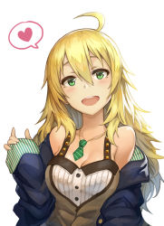 Rule 34 | 1girl, :d, ahoge, bad id, bad pixiv id, bare shoulders, blonde hair, blush, breasts, casual, cleavage, green eyes, heart, hoshii miki, idolmaster, idolmaster (classic), jewelry, long hair, necklace, open mouth, pandinus, sleeves past wrists, smile, solo, spoken heart, upper body, white background