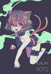 Rule 34 | 1girl, animal ears, blue background, cat ears, cat girl, cat tail, chariki, collar, grey background, halloween, highres, indie virtual youtuber, kurumi moyo, looking at viewer, multicolored background, multiple tails, purple hair, short hair, sketch, solo, tail, tank top, virtual youtuber, yellow eyes