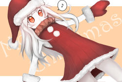 Rule 34 | 10s, 1girl, abyssal ship, alternate costume, armpits, christmas, colored skin, cowboy shot, crotch, dress, dutch angle, female focus, hachachi, hat, kantai collection, long hair, looking at viewer, merry christmas, mittens, musical note, northern ocean princess, outside border, panties, pantyshot, quaver, red dress, red eyes, red mittens, ribbed dress, santa costume, santa hat, solo, speech bubble, spoken musical note, standing, thigh gap, underwear, white hair, white panties, white skin