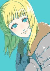 Rule 34 | 1girl, aduti momoyama, armor, blonde hair, blue background, blue eyes, blue pupils, boobplate, breastplate, closed mouth, eyes visible through hair, fire emblem, fire emblem: three houses, fire emblem warriors: three hopes, fur collar, highres, ingrid brandl galatea, long hair, looking at viewer, nintendo, official alternate costume, official alternate hairstyle, orange lips, shoulder armor, simple background, smile, solo, tassel, turtleneck, upper body