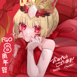 Rule 34 | 1girl, absurdres, anniversary, bare shoulders, blonde hair, braid, braided bun, crown, dragon tail, elbow gloves, facial mark, fate/grand order, fate (series), gloves, hair bun, head rest, highres, looking at viewer, lying, nero claudius (fate), nero claudius (fate) (all), on stomach, pointy ears, queen draco (fate), queen draco (first ascension) (fate), red background, red eyes, scales, single glove, smile, solo, tail, urara (sia8artchu), white gemstone, white gloves
