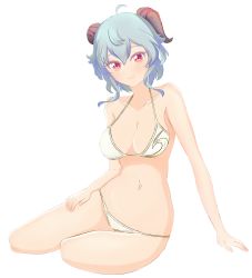 Rule 34 | 1girl, ahoge, alternate costume, arm support, bare shoulders, bikini, blue hair, breasts, closed mouth, full body, ganyu (genshin impact), genshin impact, goat horns, hand on thigh, highres, horns, looking at viewer, lying, medium breasts, navel, on side, red eyes, self-upload, short hair, sitting, smile, solo, stdin14, swimsuit, transparent background, white background