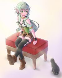 Rule 34 | 10s, 1girl, :d, bare shoulders, black cat, black thighhighs, blush, boots, cat, elf, full body, goblin slayer!, gold necklace, green eyes, green hair, hair between eyes, high elf archer (goblin slayer!), highres, jewelry, kurokuma, necklace, open mouth, pointy ears, ponytail, short hair, simple background, sitting, smile, solo, thighhighs, white background