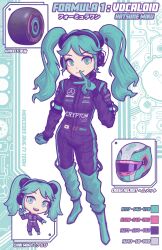 Rule 34 | 1girl, absurdres, april jubilees, aqua eyes, aqua footwear, aqua gloves, aqua hair, boots, chibi, chibi inset, color guide, commentary, crossover, english commentary, formula one, gloves, hatsune miku, head tilt, headset, helmet, highres, japanese flag, looking at viewer, mercedes-benz, pirelli, racing suit, smile, solo focus, twintails, v, vocaloid, wheel