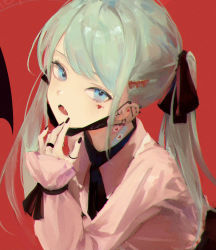 Rule 34 | 1girl, 7ife, aqua eyes, aqua hair, bad id, bad pixiv id, black mask, black nails, black necktie, black ribbon, chromatic aberration, commentary request, ear piercing, eyebrows hidden by hair, fangs, hair ornament, hair ribbon, hand to own mouth, hand up, hatsune miku, heart, heart hair ornament, heart tattoo, highres, long hair, long sleeves, looking at viewer, looking up, mask pull, nail polish, necktie, open mouth, piercing, ribbon, simple background, solo, tattoo, twintails, upper body, vocaloid