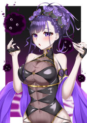Rule 34 | 1girl, absurdres, armlet, bare shoulders, black gloves, black hair, black one-piece swimsuit, blush, border, breasts, covered navel, fate/grand order, fate (series), fingerless gloves, flower, gloves, gold trim, hair flower, hair ornament, hair up, half gloves, highleg, highleg swimsuit, highres, large breasts, long hair, looking at viewer, milltyan, murasaki shikibu (fate), murasaki shikibu (swimsuit rider) (fate), murasaki shikibu (swimsuit rider) (first ascension) (fate), one-piece swimsuit, open mouth, purple background, purple eyes, purple hair, revision, shawl, swimsuit, thighs, white border