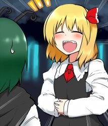 Rule 34 | 2girls, ^ ^, antennae, blonde hair, blush, cape, closed eyes, commentary request, closed eyes, fang, fangs, green hair, hair ribbon, hands on own chest, laughing, mizuga, multiple girls, open mouth, ribbon, rumia, short hair, smile, sweatdrop, touhou, touhou m-1 grand prix, wriggle nightbug