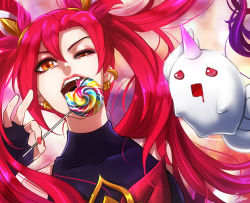 Rule 34 | 1girl, alternate costume, alternate hair color, alternate hairstyle, bare shoulders, bow, candy, elbow gloves, fingerless gloves, flat chest, food, gloves, hair ornament, jinx (league of legends), league of legends, long hair, magical girl, red bow, red eyes, red hair, red neckwear, saliva, shiro (league of legends), star guardian (league of legends), star guardian jinx, twintails, very long hair, yellow eyes