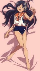 Rule 34 | 1girl, armpits, barefoot, black hair, blouse, blue one-piece swimsuit, brown eyes, commentary request, dakimakura (medium), full body, headgear, highres, i-400 (kancolle), kantai collection, long hair, looking at viewer, lying, one-hour drawing challenge, one-piece swimsuit, one-piece tan, open mouth, orange sailor collar, sailor collar, school swimsuit, shirt, sleeveless, sleeveless shirt, solo, swimsuit, swimsuit under clothes, tan, tanline, v, white shirt, william lee