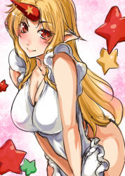 Rule 34 | 1girl, apron, bent over, blonde hair, breasts, cleavage, female focus, horns, hoshiguma yuugi, large breasts, long hair, naked apron, pointy ears, red eyes, single horn, smile, solo, star (symbol), suikamaru, touhou, v arms, very long hair