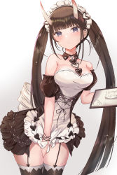 Rule 34 | 1girl, absurdres, apron, azur lane, bare shoulders, between legs, black eyes, blunt bangs, blush, breasts, brown dress, brown hair, brown thighhighs, closed mouth, covering crotch, covering privates, cowboy shot, dress, garter straps, gradient background, habu rin, hand between legs, highres, horns, large breasts, long hair, looking at viewer, maid, maid apron, maid headdress, noshiro (azur lane), noshiro (hold the ice) (azur lane), official alternate costume, oni horns, simple background, solo, thighhighs, thighs, twintails, white apron, white headwear