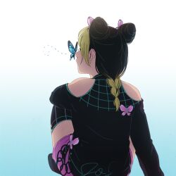 Rule 34 | 1girl, aged down, bare shoulders, black hair, blonde hair, braid, bug, butterfly, butterfly hair ornament, child, commentary, from behind, gradient background, hair ornament, hanpetos, insect, jojo no kimyou na bouken, jojo no kimyou na bouken: eyes of heaven, kuujou jolyne, multicolored hair, pink shorts, short shorts, shorts, sitting, solo, twin braids, two-tone hair