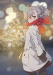Rule 34 | 1girl, absurdres, asymmetrical bangs, black pantyhose, blurry, bokeh, brown eyes, closers, coat, depth of field, grey hair, hair between eyes, highres, light smile, looking at viewer, looking back, mittens, pantyhose, ponytail, red scarf, scarf, skirt, snow, solo, supernew, tina (closers), white coat