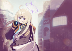 Rule 34 | 1girl, ahoge, black gloves, black jacket, blue archive, blue necktie, blurry, blurry background, building, collared shirt, commentary request, glasses, gloves, hair ornament, halo, hand up, headphones, headphones around neck, highres, holding, hood, hooded jacket, jacket, kotama (blue archive), light brown hair, long hair, long sleeves, looking at viewer, makolas97, necktie, open clothes, open jacket, open mouth, outdoors, purple halo, semi-rimless eyewear, shirt, solo, two-tone gloves, upper body, white bag, white shirt, x hair ornament