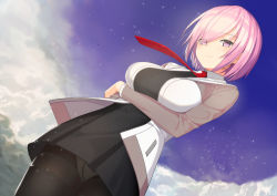 Rule 34 | 1girl, arm under breasts, black pantyhose, black skirt, breasts, cloud, cloudy sky, collared shirt, crotch seam, fate/grand order, fate (series), from below, hood, hoodie, large breasts, looking at viewer, looking down, mash kyrielight, necktie, night, night sky, outdoors, oz ma33, panties, pantyhose, pantyshot, pink eyes, pink hair, red necktie, shirt, skirt, sky, solo, thighband pantyhose, underwear