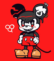 Rule 34 | 1boy, animal ear piercing, animal ears, black eyes, bow, bright pupils, buttons, commentary request, disney, dripping, evil smile, full body, furrowed brow, furry, furry male, gloves, hands on own hips, injury, male focus, mickey mouse, mismatched pupils, mouse boy, mouse ears, mouse tail, open mouth, pointy footwear, red bow, red eyes, red shorts, sharp teeth, shoes, shorts, simple background, smile, solo, tail, teeth, terada tera, topless male, two-tone eyes, upper teeth only, white gloves, white pupils, wrinkled skin, yellow footwear