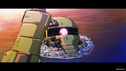 Rule 34 | commentary request, glowing, glowing eye, gundam, inoshira, letterboxed, looking up, mecha, mobile suit, mobile suit gundam, mobile suit gundam: cucuruz doan&#039;s island, no humans, one-eyed, partially submerged, pink eyes, robot, science fiction, solo, spoilers, water, zaku ii