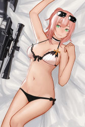 Rule 34 | 1girl, absurdres, arm up, armpits, bikini, blaser r93, bolt-action rifle, bolt action, bow, bow bikini, bow bra, bra, breasts, choker, eyewear on head, front-tie bikini top, front-tie top, girls&#039; frontline, green eyes, groin, gun, highres, looking away, lying, medium breasts, navel, official alternate costume, on back, panties, pink hair, prototype design, r93 (girls&#039; frontline), r93 (holiday lucky star) (girls&#039; frontline), rifle, salty eyes, short hair, side-tie bikini bottom, side-tie panties, sniper rifle, solo, straight-pull rifle, straight pull, swimsuit, thighs, underboob, underwear, weapon