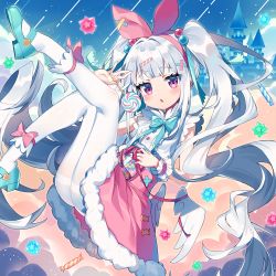 Rule 34 | 1girl, arcaea, arm up, blush, candy, castle, character request, chestnut mouth, food, fur-trimmed skirt, fur trim, hair bobbles, hair ornament, hairband, hairclip, holding, holding food, knee up, leg up, lollipop, long hair, looking at viewer, pantyhose, parted lips, pink hairband, pink skirt, purple eyes, shirt, silver hair, skirt, sleeveless, sleeveless shirt, solo, swirl lollipop, thighband pantyhose, twintails, very long hair, wagashi928, white pantyhose, white shirt, x hair ornament