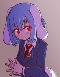 Rule 34 | 1girl, animal ears, black jacket, blazer, blue hair, blush, commentary, crescent, crescent pin, grey background, hair between eyes, jacket, long sleeves, looking at viewer, necktie, one-hour drawing challenge, own hands together, rabbit ears, rabbit tail, red eyes, red necktie, reisen, shirt, short hair, simple background, solo, steepled fingers, tail, touhou, white shirt, wool (miwol)