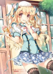 Rule 34 | 1girl, :d, argyle, argyle clothes, argyle legwear, black thighhighs, blonde hair, casual, food, hat, highres, ice cream, ice cream cone, legs, long hair, miwabe sakura, open mouth, original, pink eyes, plaid, plaid skirt, ribbon, safety pin, school uniform, skirt, smile, solo, thighhighs, two side up, waffle cone, zettai ryouiki