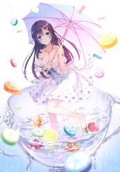 Rule 34 | 1girl, blue eyes, breasts, candy, cup, dress, female focus, food, goma (11zihisin), long hair, original, print, smile, solo, spotted, sweets, umbrella