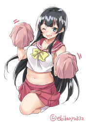 Rule 34 | 1girl, ;d, agano (kancolle), black hair, blush, bow, breasts, cheerleader, cleavage, cowboy shot, crop top, ebifurya, green eyes, highres, kantai collection, kneehighs, leg up, long hair, looking at viewer, medium breasts, midriff, miniskirt, navel, one eye closed, open mouth, pink sailor collar, pom pom (cheerleading), red skirt, sailor collar, shirt, sidelocks, simple background, skirt, sleeveless, sleeveless shirt, smile, socks, solo, standing, standing on one leg, stomach, twitter username, very long hair, white background, white socks, yellow bow, yellow neckwear