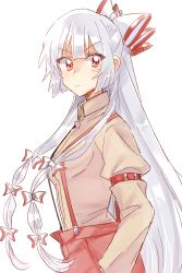Rule 34 | 1girl, 6 (yuchae), bow, breasts, from side, frown, fujiwara no mokou, hair bow, highres, long hair, looking at viewer, pants, red eyes, silver hair, small breasts, solo, suspenders, touhou, tsurime, very long hair