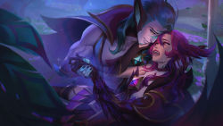 Rule 34 | 1boy, 1girl, abs, absurdres, bad source, biceps, black nails, blurry, blurry background, cape, corruption, couple, facial hair, field, flower, flower field, gem, grass, green hair, hand on another&#039;s face, highres, holding, holding hands, league of legends, looking at another, lying, muscular, muscular male, nail polish, night, night sky, on back, outdoors, park, pectoral cleavage, pectorals, pink eyes, pointy ears, purple hair, rakan (league of legends), ribbon, scar, skirt, sky, smile, star guardian (league of legends), star guardian rakan, star guardian xayah, stubble, tears, xayah, yellow eyes, zoe (crownsforkings)