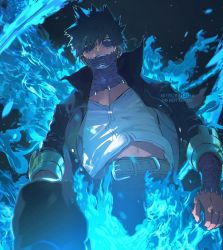 Rule 34 | 1boy, belt, black hair, blue eyes, blue fire, boku no hero academia, burn scar, cheek piercing, commentary, dabi (boku no hero academia), ear piercing, embers, english commentary, english text, fire, from below, glowing, highres, jacket, looking at viewer, looking down, male focus, multiple scars, piercing, scar, scar on arm, scar on face, scar on neck, shirt, short hair, solo, spiked hair, trubwlsum, twitter username, v-neck, white shirt