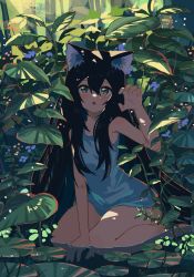 Rule 34 | 1girl, animal ears, bare shoulders, blush, breasts, cat girl, cleavage, dress, green eyes, hair between eyes, highres, kgt (pixiv12957613), long hair, looking at viewer, open mouth, original, outdoors, paw pose, plant, scenery, sitting, small breasts, solo, very long hair, water, white dress