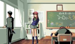 Rule 34 | 1990s (style), 1girl, 2boys, arms behind back, black hair, blue legwear, board eraser, brown hair, chair, chalkboard, chalkboard writing, classroom, curtains, desk, dithering, electrical outlet, closed eyes, gakuran, game cg, hairband, indoors, long hair, looking to the side, love escalator, lowres, multiple boys, pc98, pixel art, red hair, retro artstyle, running bond, school chair, school desk, school uniform, shoes, short hair, sitting, socks, standing, tagme, translation request, umitsuki productions, uwabaki, window, wooden floor