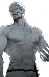 Rule 34 | 1boy, abs, absurdres, bara, biceps, black eyes, blood, blood on body, blood on face, fangs, highres, kengan (series), kengan ashura, kure raian, kyowo sukkesuke, large pectorals, looking at viewer, looking down, male focus, manly, mature male, muscular, muscular male, nipples, open mouth, pants, pectorals, sharp teeth, shorts, simple background, solo, spiked hair, teeth, thick arms, tongue, tongue out, topless male, veins, veiny arms, white background