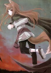 Rule 34 | 00s, 1girl, absurdres, animal ears, anklet, ayakura juu, blush, brown hair, cape, fang, fangs, grin, highres, holo, jewelry, long hair, looking back, no socks, official art, pouch, red eyes, running, scan, smile, solo, spice and wolf, tail, wolf ears, wolf tail