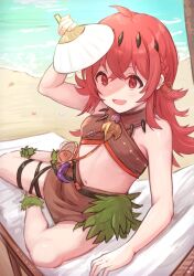 Rule 34 | 1girl, ahoge, arm support, arm up, bandeau, bare shoulders, basket, beach, blush, braid, breasts, brown bandeau, brown skirt, chair, crab, dot nose, fish, full body, hair between eyes, hair ornament, hand fan, holding, holding fan, idolmaster, idolmaster shiny colors, komiya kaho, leaf, long hair, looking at viewer, lounge chair, lying, medium breasts, midriff, navel, ocean, on chair, on side, open mouth, paper fan, red eyes, red hair, shell, skirt, smile, solo, spikes, starfish, thigh strap, tomamatto, uchiwa