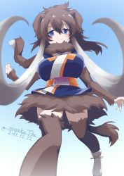 Rule 34 | 1girl, 9735aoitora, ainu clothes, animal ears, blue eyes, blush, breasts, brown hair, brown skirt, brown sleeves, closed mouth, commentary request, dated, detached sleeves, elephant ears, elephant girl, elephant tail, empty eyes, from below, fur-trimmed sleeves, fur collar, fur skirt, fur trim, gloves, gradient hair, hair between eyes, highres, japanese clothes, kemono friends, long hair, looking at viewer, mammoth (kemono friends), multicolored hair, nose blush, ponytail, scarf, shirt, shoes, signature, skirt, smile, solo, tail, thighhighs, two-tone hair, walking, white footwear, white hair
