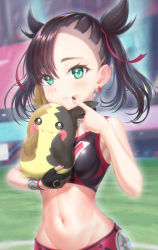 Rule 34 | 1girl, absurdres, asymmetrical bangs, bad id, bad pixiv id, bare arms, bare shoulders, black eyes, black gloves, black hair, black nails, blurry, blurry background, blush, breasts, commentary request, creatures (company), depth of field, eyebrows, finger to mouth, game freak, gen 8 pokemon, gloves, greyscale, hair ribbon, hands on own cheeks, hands on own face, highres, huge filesize, marnie (pokemon), md5 mismatch, midriff, monochrome, morpeko, morpeko (full), mugi gome, nail polish, navel, nintendo, partially fingerless gloves, pokemon, pokemon (creature), pokemon swsh, red ribbon, resolution mismatch, ribbon, short hair, short twintails, single glove, small breasts, sports bra, stadium, stomach, sweatband, twintails, upper body