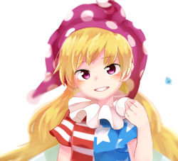 Rule 34 | american flag, american flag print, blonde hair, clownpiece, commentary request, flag print, grin, hand up, hat, jester cap, long hair, looking at viewer, neck ruff, purple hat, shikushiku (amamori weekly), shirt, short sleeves, smile, touhou, underwear, upper body, white background