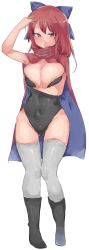 Rule 34 | 1girl, arm up, bare arms, black footwear, black leotard, blue bow, bow, breast hold, breasts, cape, cleavage, closed mouth, commentary request, covered navel, full body, gluteal fold, grey thighhighs, groin, hair bow, highres, large breasts, leotard, looking at viewer, pushun (muteki), red eyes, red hair, sekibanki, sidelocks, simple background, skindentation, solo, standing, thighhighs, touhou, white background