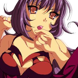 Rule 34 | 1girl, bare shoulders, belial (wild arms), black hair, breasts, dress, enoo, fang, jaggy lines, long hair, lowres, oekaki, open mouth, orange eyes, purple hair, solo, upper body, white background, wild arms, wild arms 4, wild arms xf