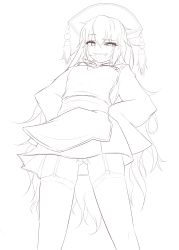 Rule 34 | 1girl, chinese clothes, cube85, dress, garter straps, greyscale, hair ornament, hands on own hips, highres, junko (touhou), lineart, long hair, long sleeves, looking at viewer, monochrome, no panties, open mouth, pussy, sash, sleeves past wrists, smile, solo, tabard, thighhighs, touhou, transparent background, upskirt, very long hair, wide sleeves