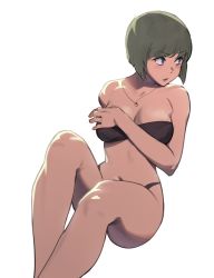 Rule 34 | 1girl, bikini, black bikini, black hair, blue eyes, breasts, cleavage, feet out of frame, highres, jewelry, navel, necklace, original, parted lips, pokoporoko, short hair, simple background, solo, swimsuit, white background