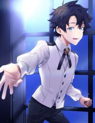 Rule 34 | 1boy, black hair, black neckwear, black pants, blue eyes, buttons, collared shirt, commentary request, fate/grand order, fate (series), formal, fujimaru ritsuka (male), fujimaru ritsuka (male) (waltz in the moonlight/lostroom), hair between eyes, haisato (ddclown14), indoors, light particles, long sleeves, looking at viewer, male focus, official alternate costume, open mouth, outstretched arm, pants, reaching, reaching towards viewer, shirt, short hair, smile, solo, under the same sky, vest, white shirt, white vest, window