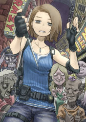 Rule 34 | 1girl, 5others, @ @, bags under eyes, belt, black gloves, brown hair, camisole, casual, chiyo maru, colored skin, commentary request, denim, elbow pads, fingerless gloves, fisheye, gloves, grey skin, highres, holding, holding knife, holster, jeans, jill valentine, jitome, knife, multiple others, night, pants, police badge, resident evil, resident evil 3, resident evil 3: nemesis, resident evil 3 (remake), reverse grip, shoulder holster, single elbow pad, solo focus, surrounded, zombie